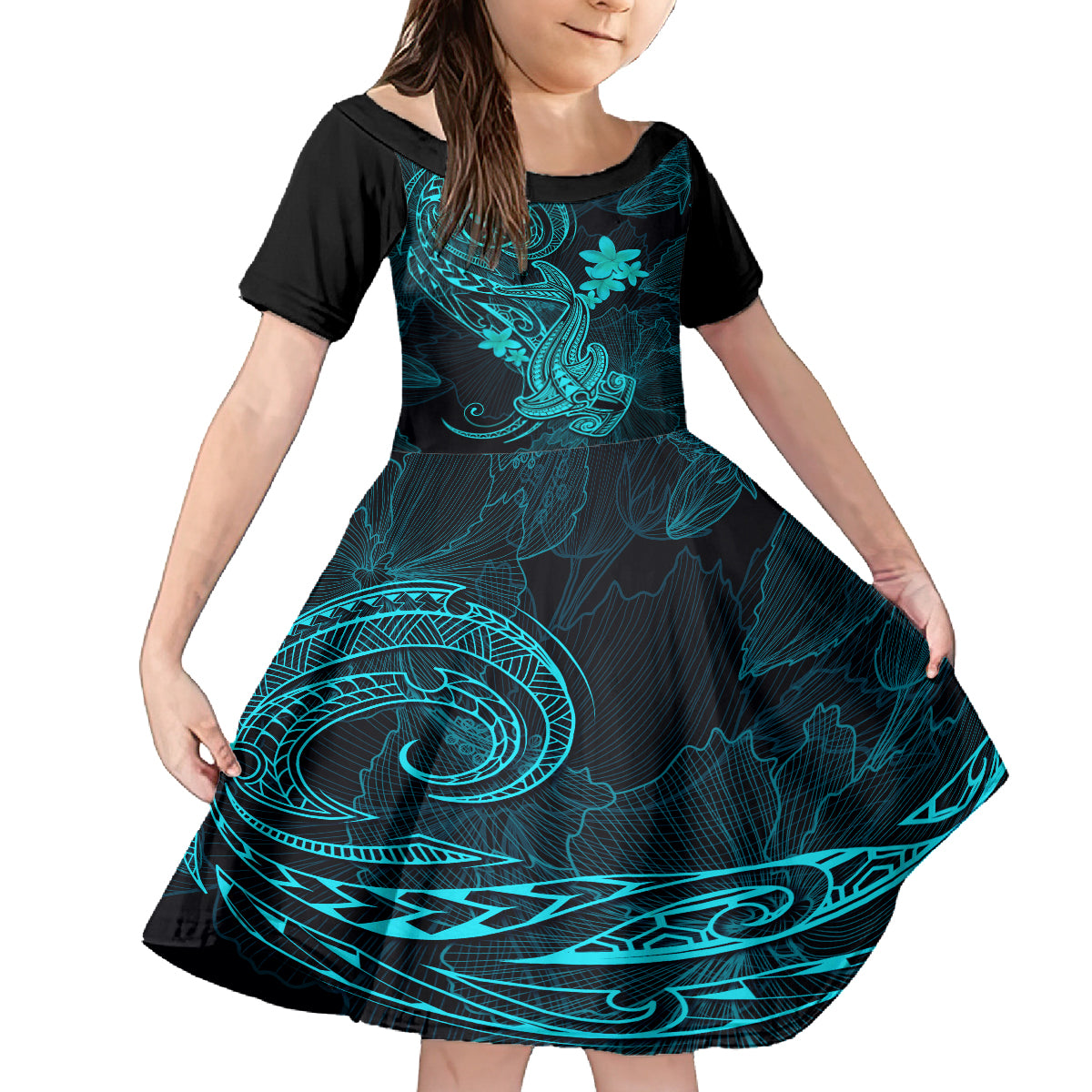 Hawaii Kid Short Sleeve Dress Hammerhead Shark Tattoo Mix Polynesian Plumeria Turquoise Version LT14 KID Turquoise - Polynesian Pride