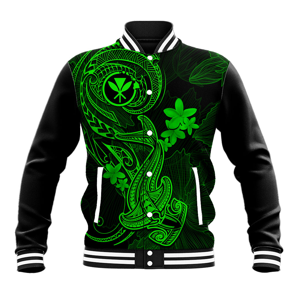Hawaii Baseball Jacket Hammerhead Shark Tattoo Mix Polynesian Plumeria Green Version LT14 Unisex Green - Polynesian Pride
