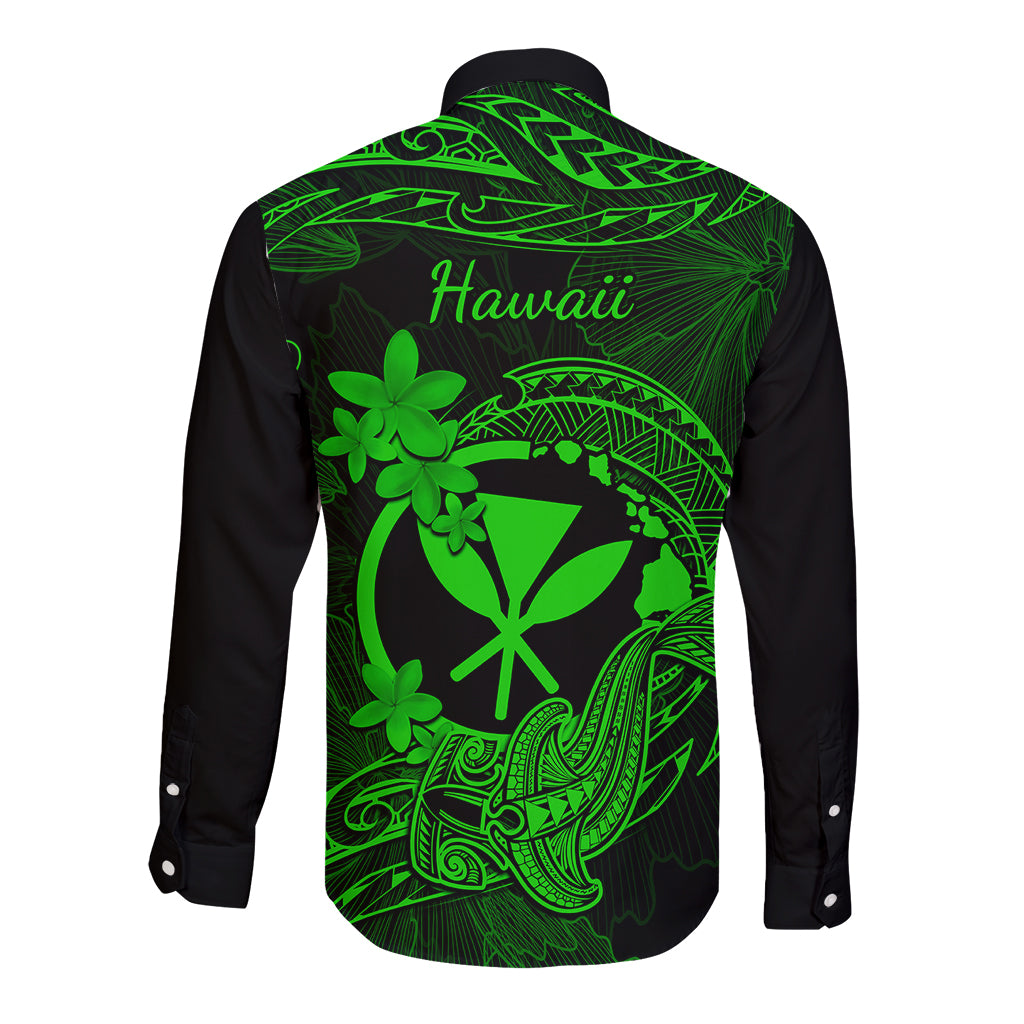 Hawaii Long Sleeve Button Shirt Hammerhead Shark Tattoo Mix Polynesian Plumeria Green Version LT14 - Polynesian Pride