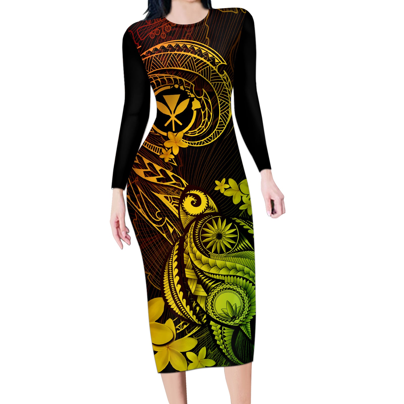 Hawaii Long Sleeve Bodycon Dress Turtle Mix Polynesian Plumeria Reggae Version LT14 Long Dress Reggae - Polynesian Pride