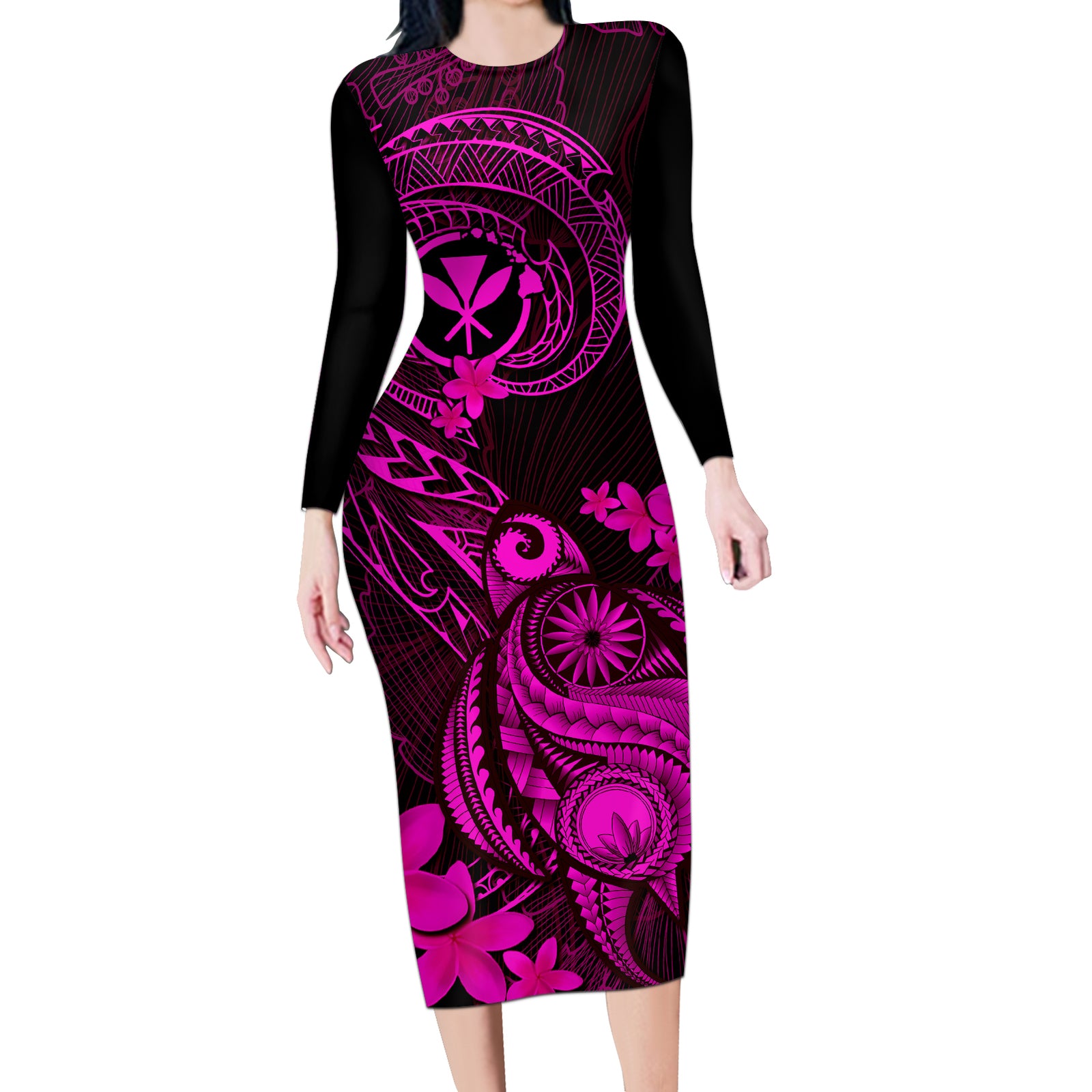 Hawaii Long Sleeve Bodycon Dress Turtle Mix Polynesian Plumeria Pink Version LT14 Long Dress Pink - Polynesian Pride