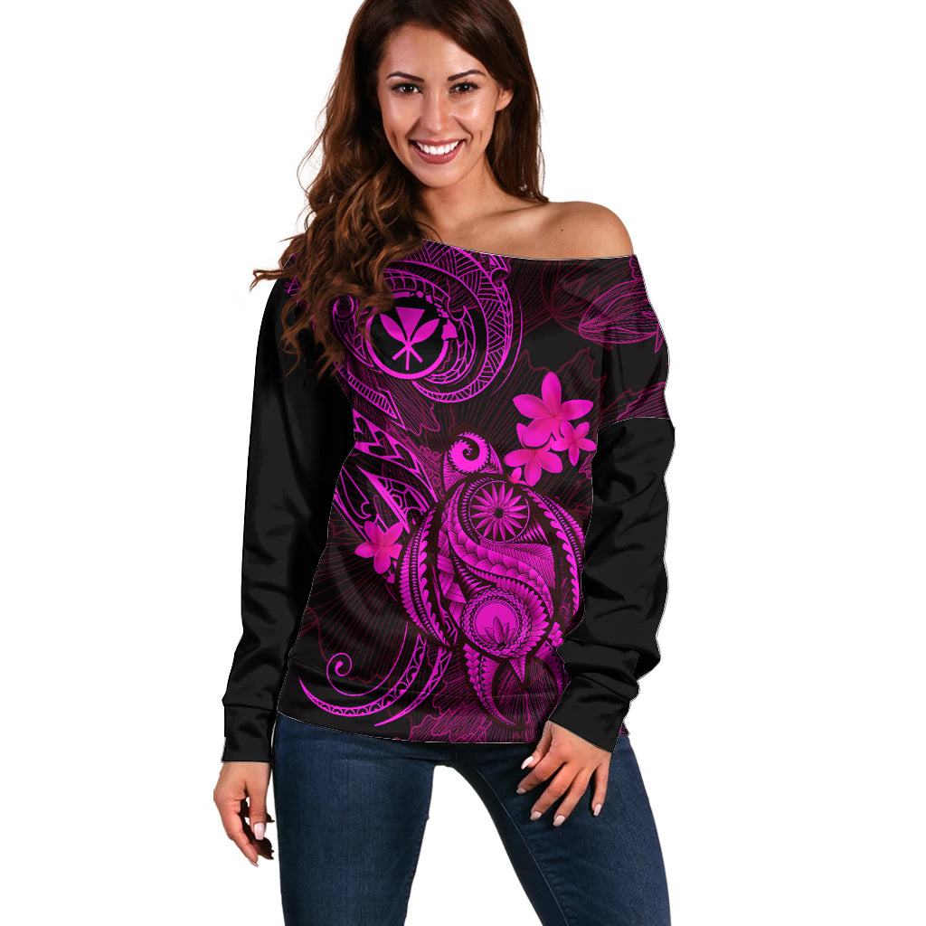 Hawaii Off Shoulder Sweater Turtle Mix Polynesian Plumeria Pink Version LT14 Women Pink - Polynesian Pride