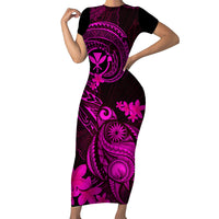 Hawaii Short Sleeve Bodycon Dress Turtle Mix Polynesian Plumeria Pink Version LT14 Long Dress Pink - Polynesian Pride