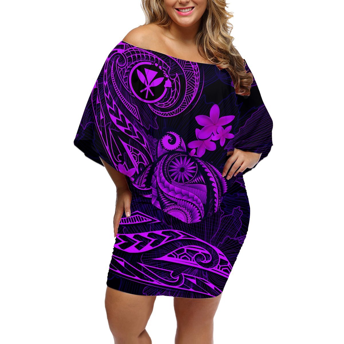 Hawaii Off Shoulder Short Dress Turtle Mix Polynesian Plumeria Purple Version LT14 Women Purple - Polynesian Pride