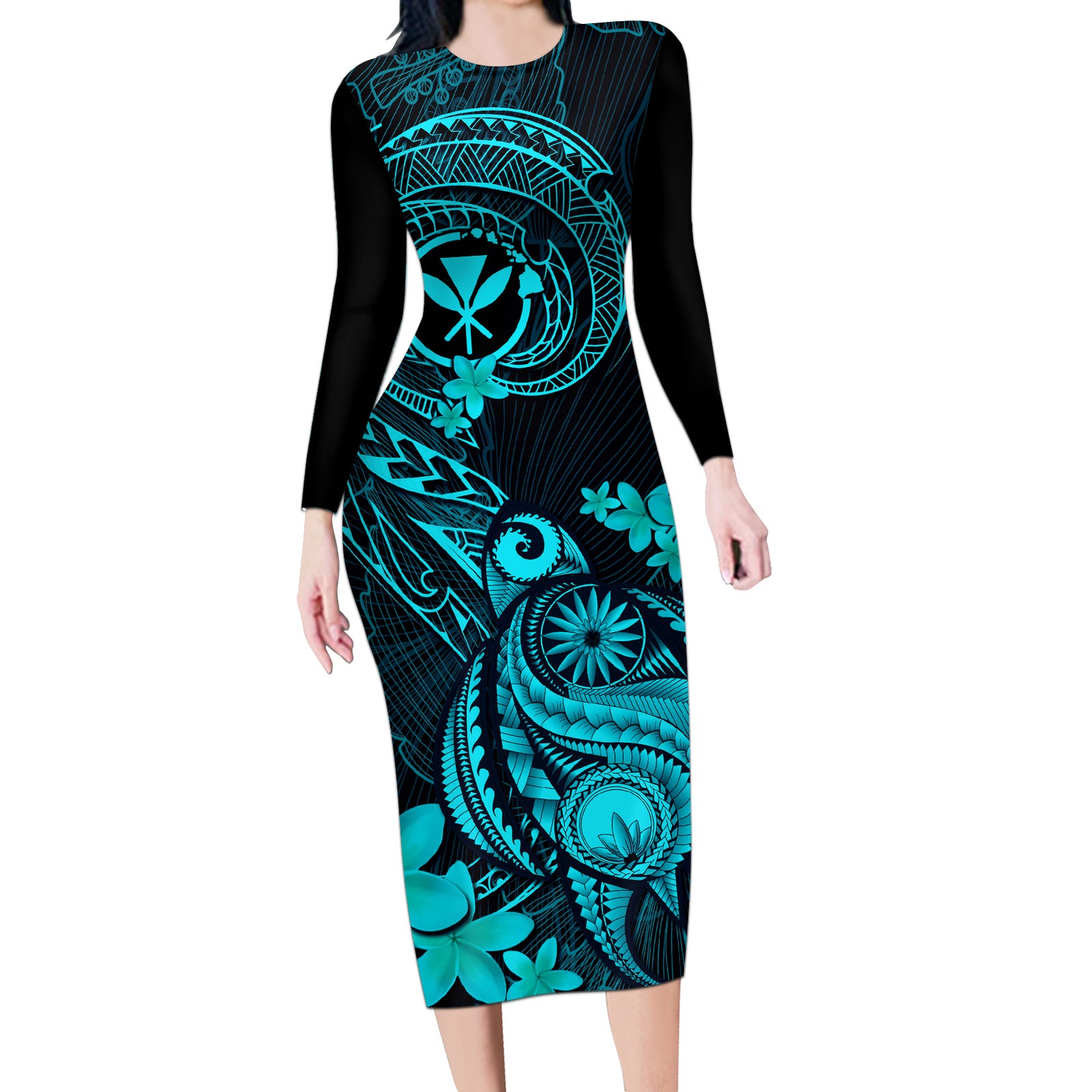 Hawaii Long Sleeve Bodycon Dress Turtle Mix Polynesian Plumeria Turquoise Version LT14 Long Dress Turquoise - Polynesian Pride