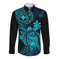 Hawaii Long Sleeve Button Shirt Turtle Mix Polynesian Plumeria Turquoise Version LT14 Unisex Turquoise - Polynesian Pride