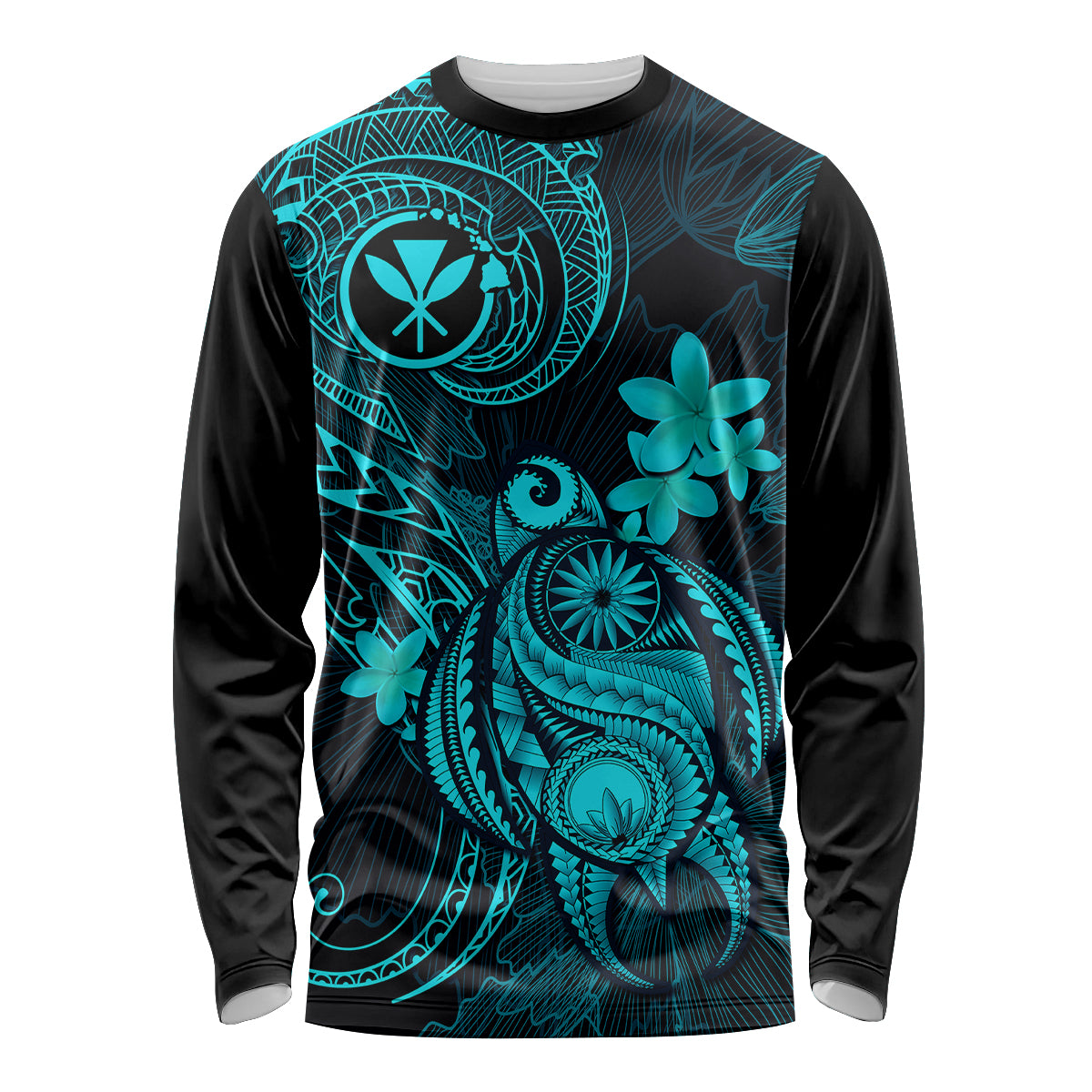 Hawaii Long Sleeve Shirt Turtle Mix Polynesian Plumeria Turquoise Version LT14 Unisex Turquoise - Polynesian Pride