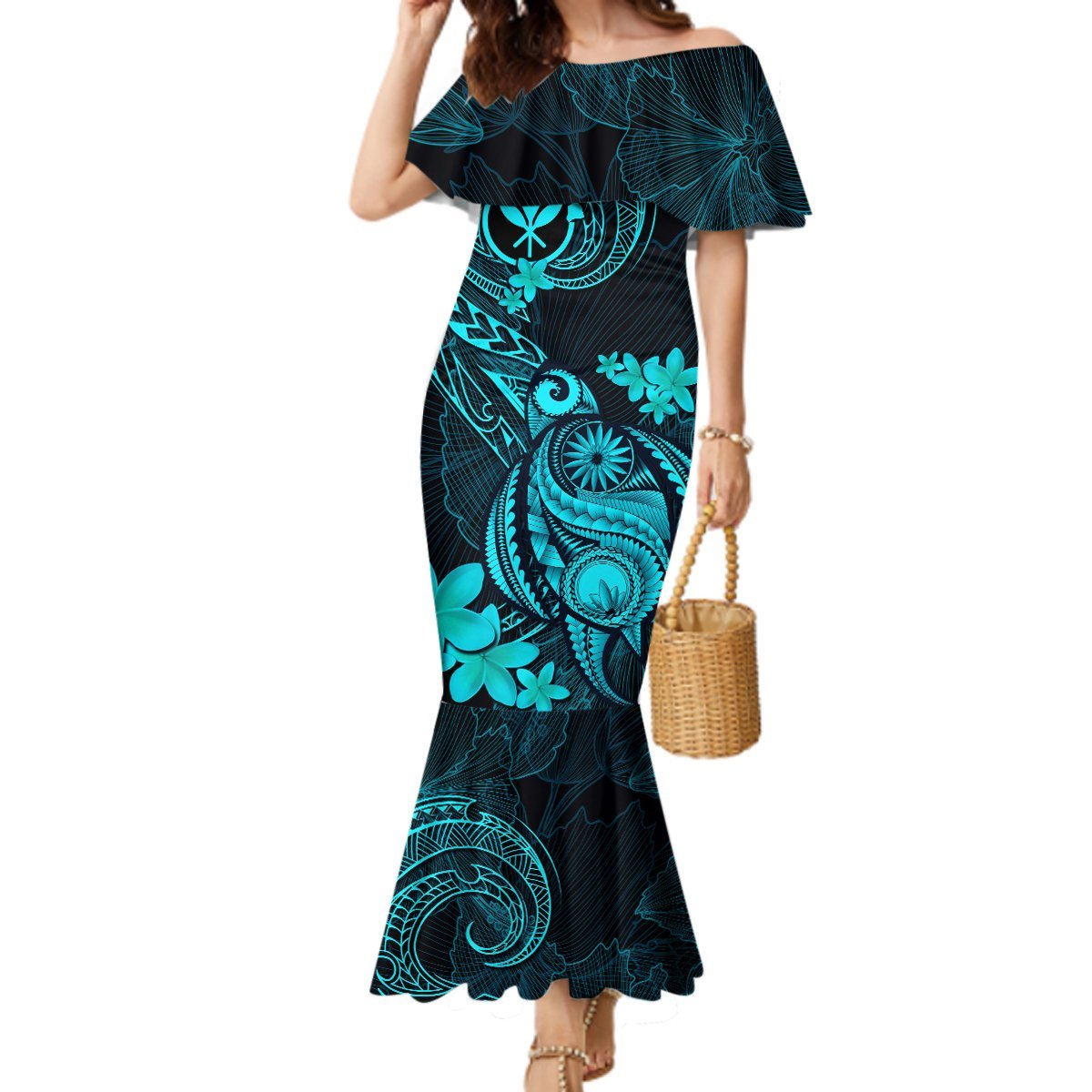 Hawaii Mermaid Dress Turtle Mix Polynesian Plumeria Turquoise Version LT14 Women Turquoise - Polynesian Pride