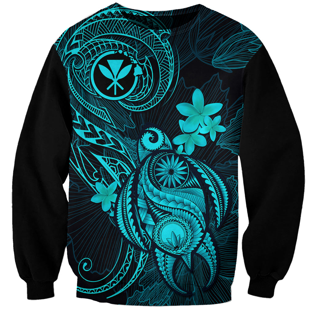 Hawaii Sweatshirt Turtle Mix Polynesian Plumeria Turquoise Version LT14 Unisex Turquoise - Polynesian Pride