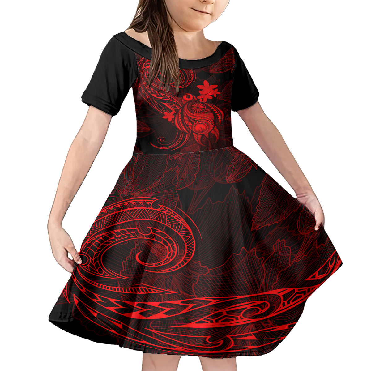 Hawaii Kid Short Sleeve Dress Turtle Mix Polynesian Plumeria Red Version LT14 KID Red - Polynesian Pride