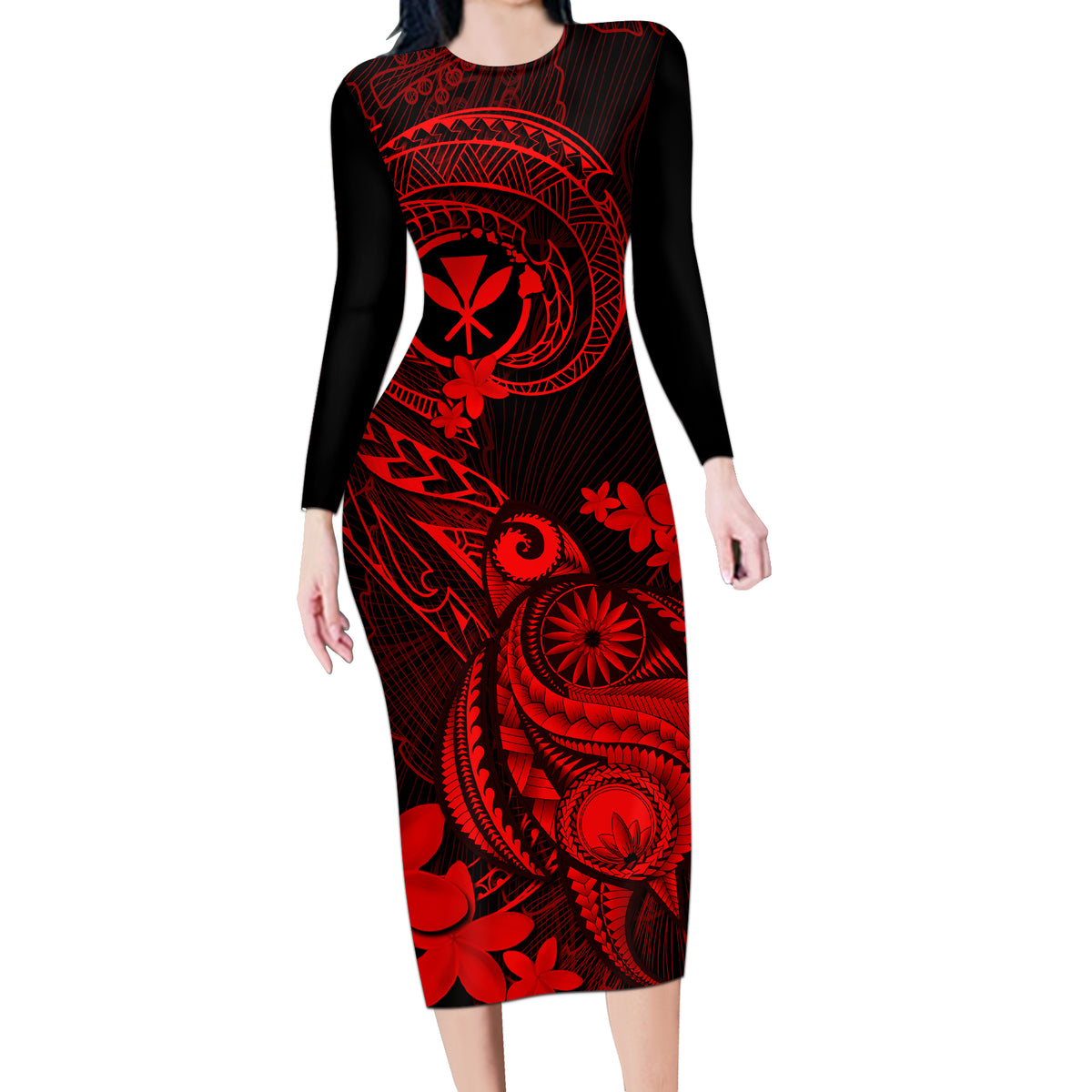 Hawaii Long Sleeve Bodycon Dress Turtle Mix Polynesian Plumeria Red Version LT14 Long Dress Red - Polynesian Pride