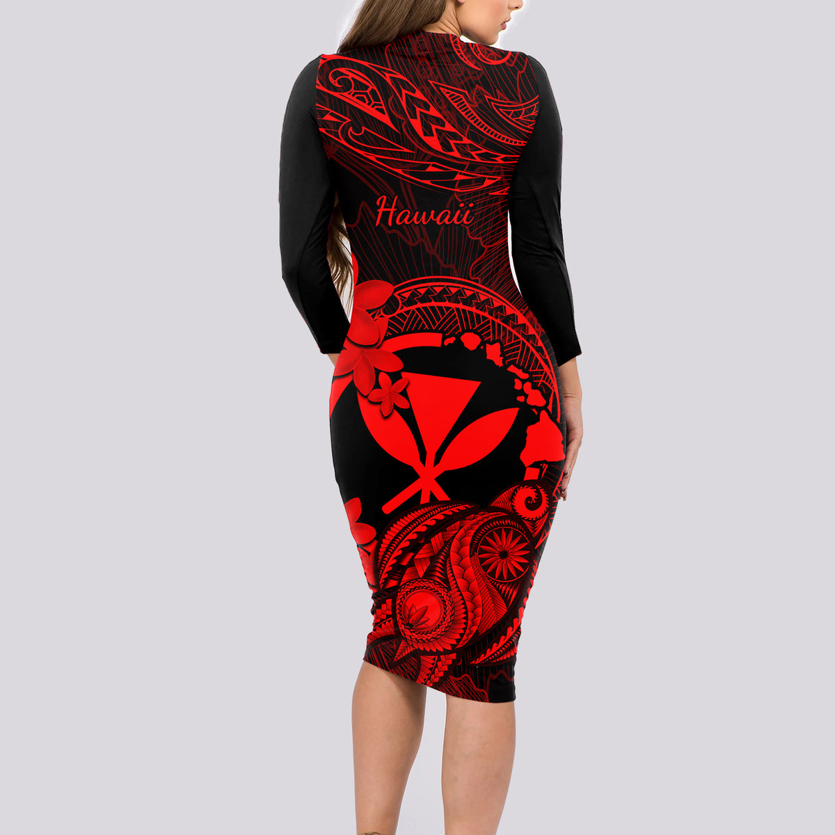 Hawaii Long Sleeve Bodycon Dress Turtle Mix Polynesian Plumeria Red Version LT14 - Polynesian Pride