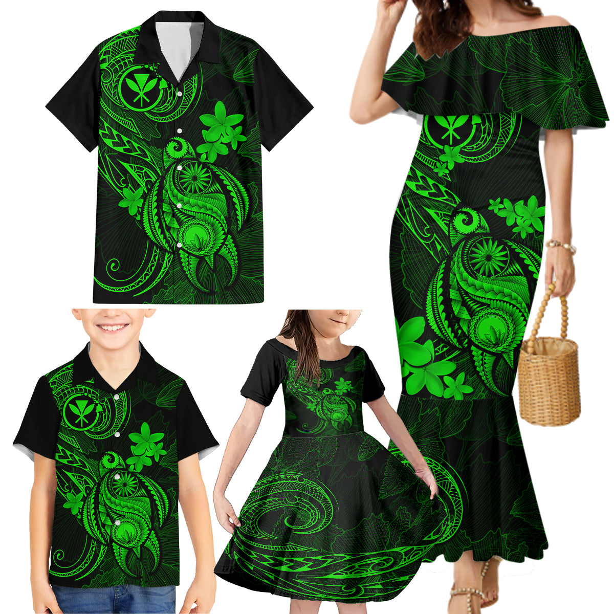 hawaii-family-matching-mermaid-dress-and-hawaiian-shirt-turtle-mix-polynesian-plumeria-green-version