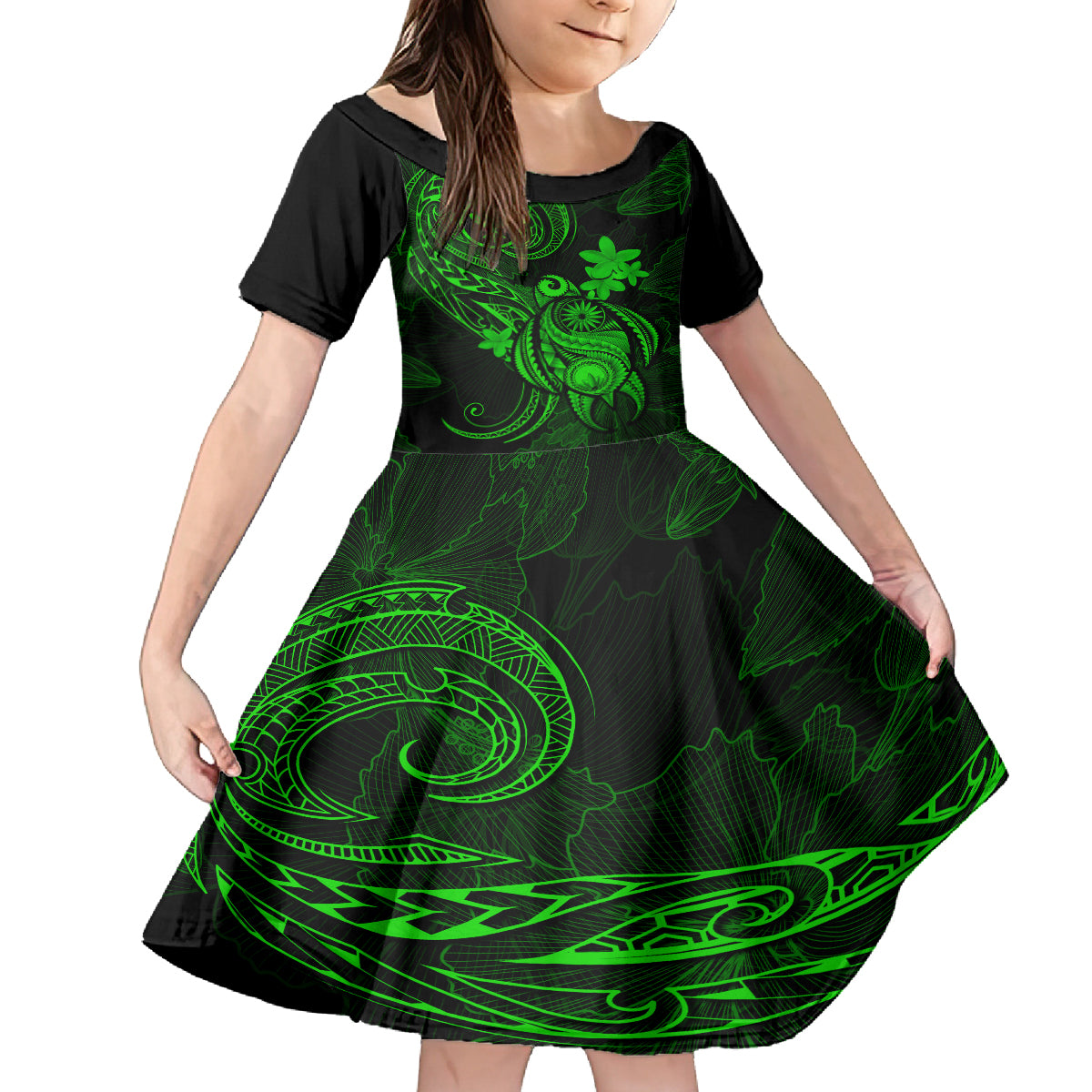 Hawaii Kid Short Sleeve Dress Turtle Mix Polynesian Plumeria Green Version LT14 KID Green - Polynesian Pride