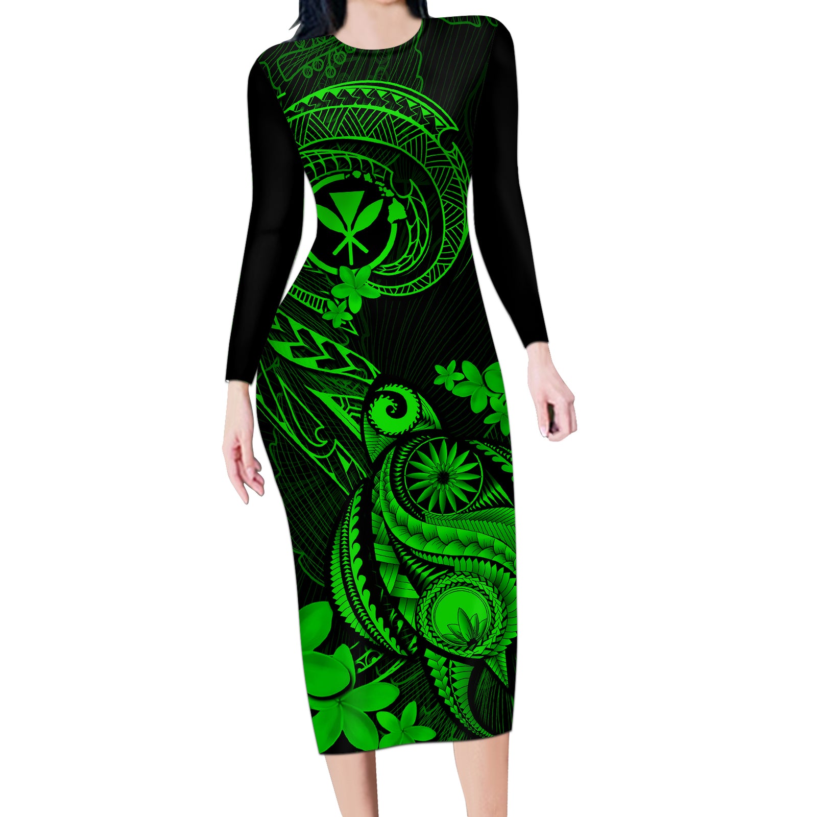 Hawaii Long Sleeve Bodycon Dress Turtle Mix Polynesian Plumeria Green Version LT14 Long Dress Green - Polynesian Pride