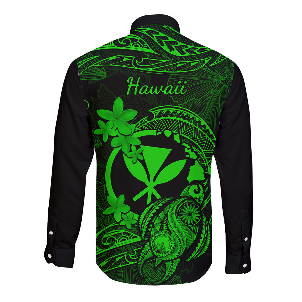 Hawaii Long Sleeve Button Shirt Turtle Mix Polynesian Plumeria Green Version LT14 - Polynesian Pride