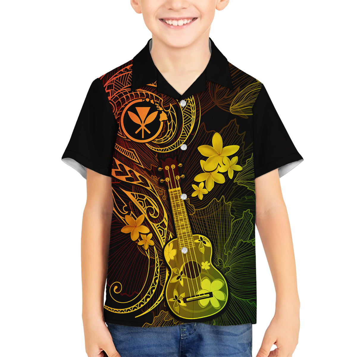 Hawaii Kid Hawaiian Shirt Ukulele Mix Polynesian Plumeria Reggae Version LT14 - Polynesian Pride