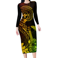 Hawaii Long Sleeve Bodycon Dress Ukulele Mix Polynesian Plumeria Reggae Version LT14 Long Dress Reggae - Polynesian Pride