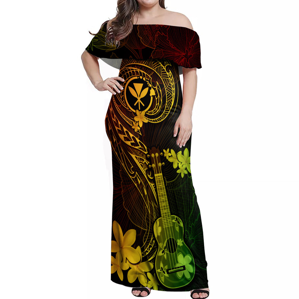 Hawaii Off Shoulder Maxi Dress Ukulele Mix Polynesian Plumeria Reggae Version LT14 Women Reggae - Polynesian Pride