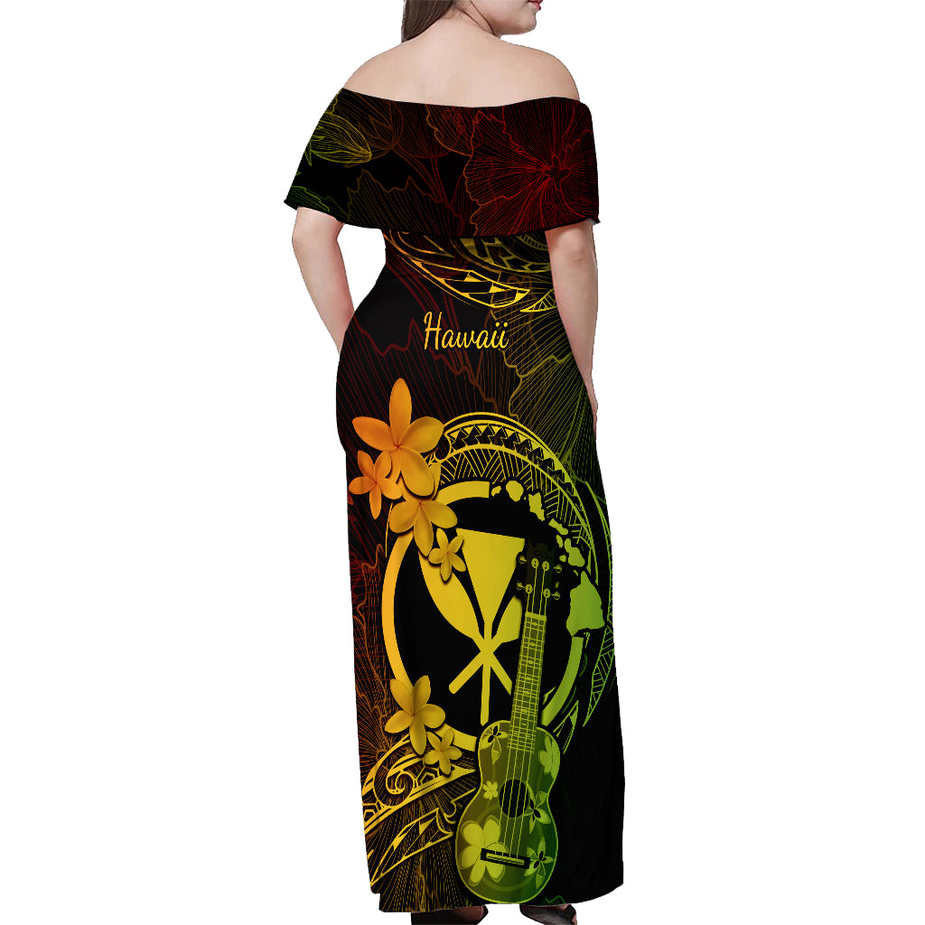 Hawaii Off Shoulder Maxi Dress Ukulele Mix Polynesian Plumeria Reggae Version LT14 - Polynesian Pride