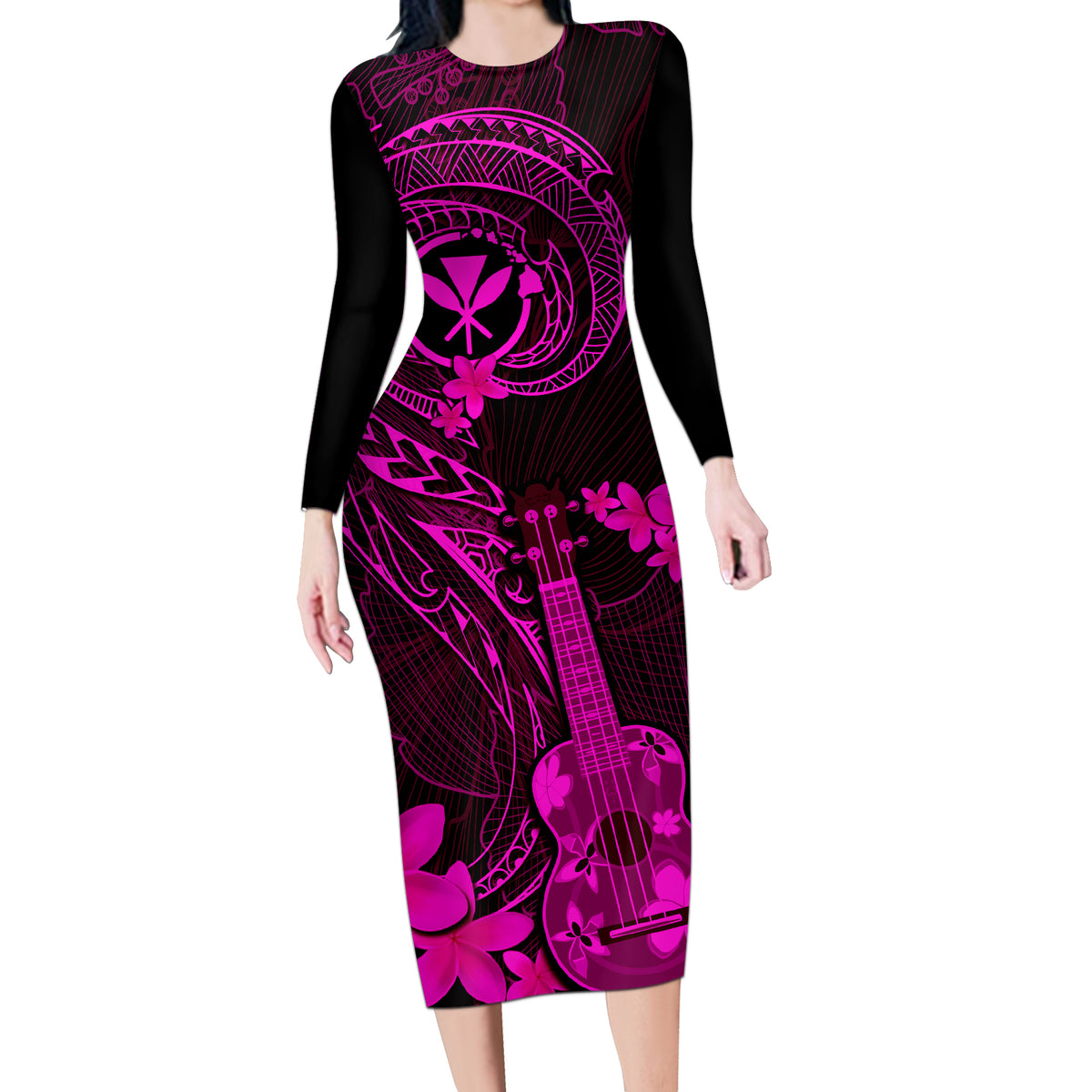 Hawaii Long Sleeve Bodycon Dress Ukulele Mix Polynesian Plumeria Pink Version LT14 Long Dress Pink - Polynesian Pride
