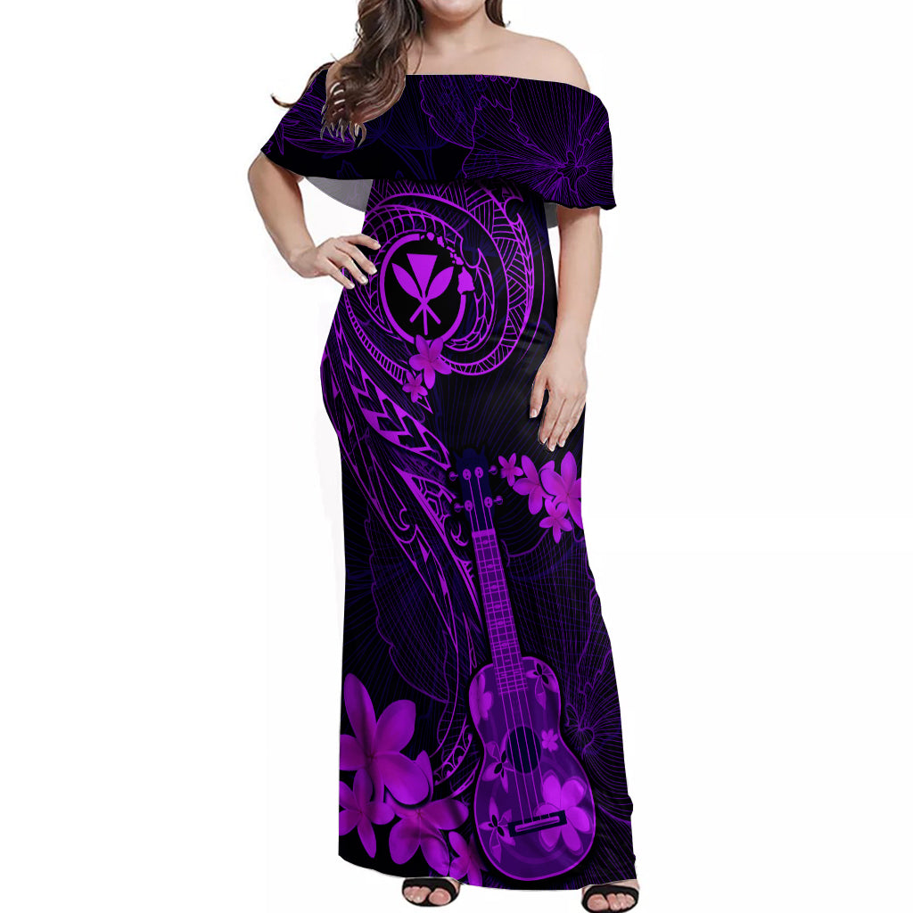 Hawaii Off Shoulder Maxi Dress Ukulele Mix Polynesian Plumeria Purple Version LT14 Women Purple - Polynesian Pride