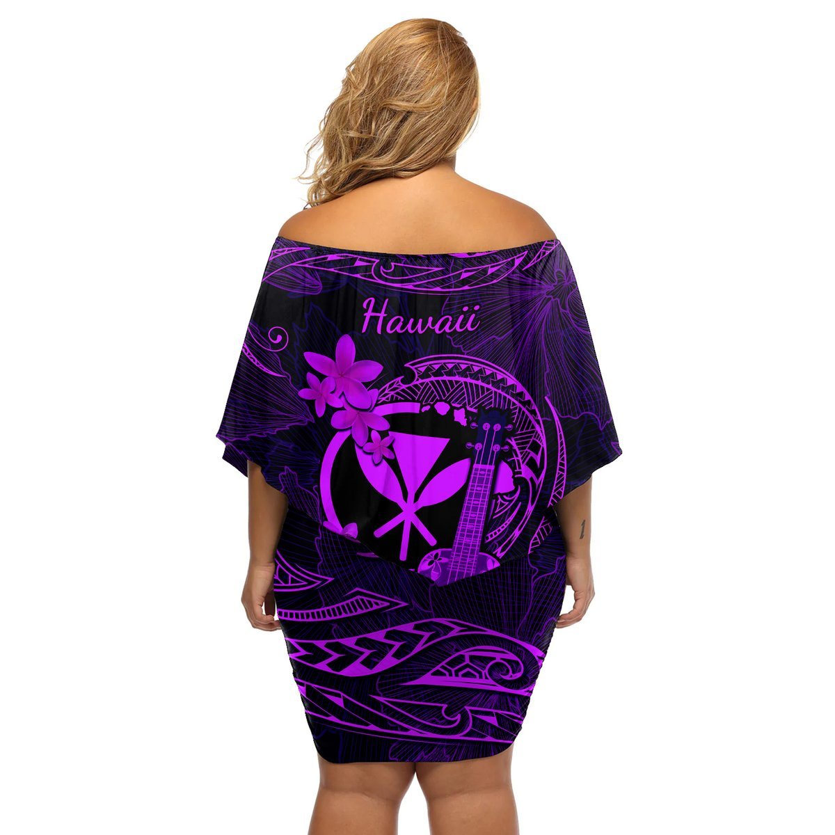 Hawaii Off Shoulder Short Dress Ukulele Mix Polynesian Plumeria Purple Version LT14 - Polynesian Pride