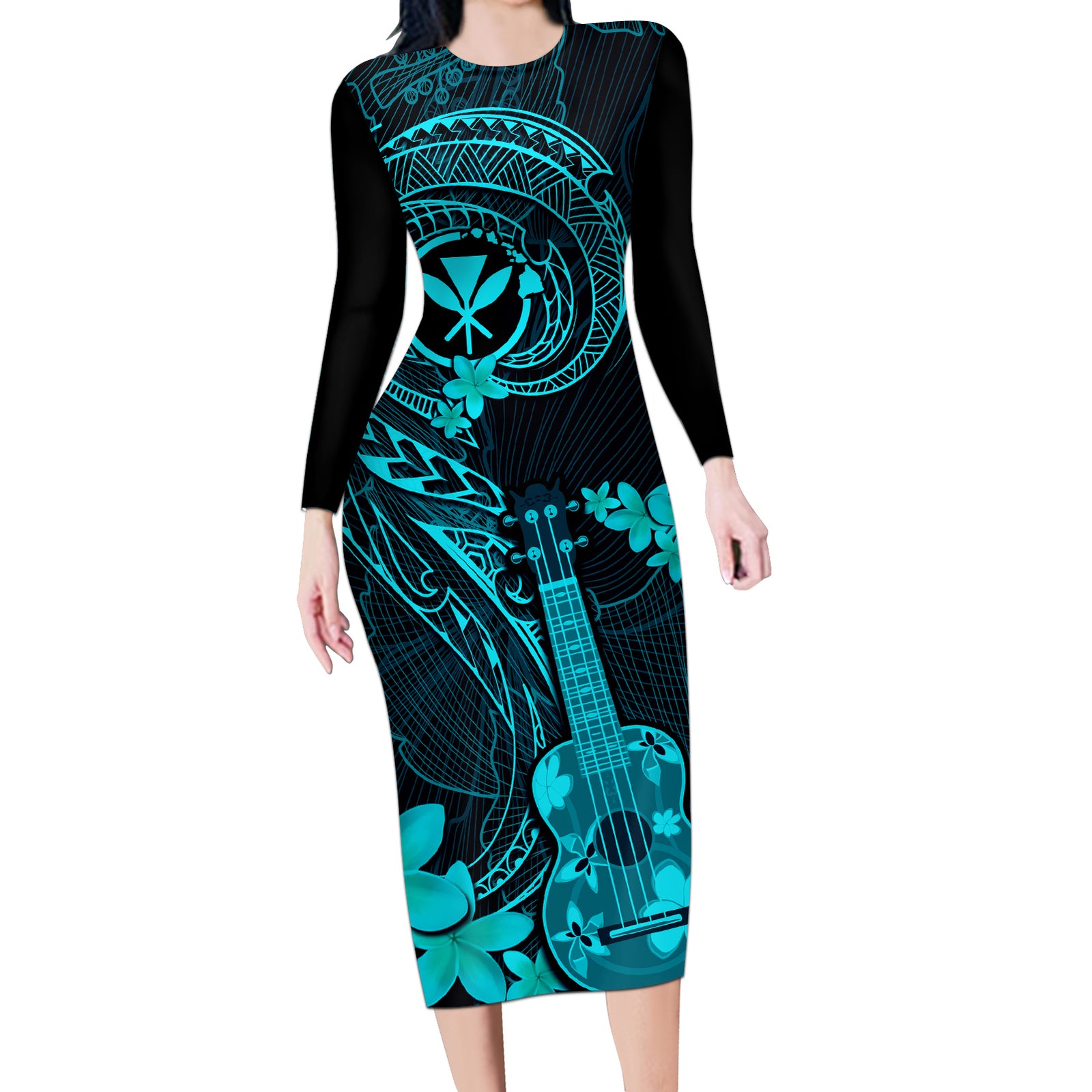 Hawaii Long Sleeve Bodycon Dress Ukulele Mix Polynesian Plumeria Turquoise Version LT14 Long Dress Turquoise - Polynesian Pride