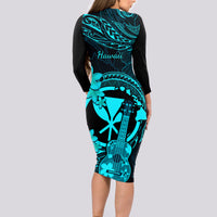 Hawaii Long Sleeve Bodycon Dress Ukulele Mix Polynesian Plumeria Turquoise Version LT14 - Polynesian Pride