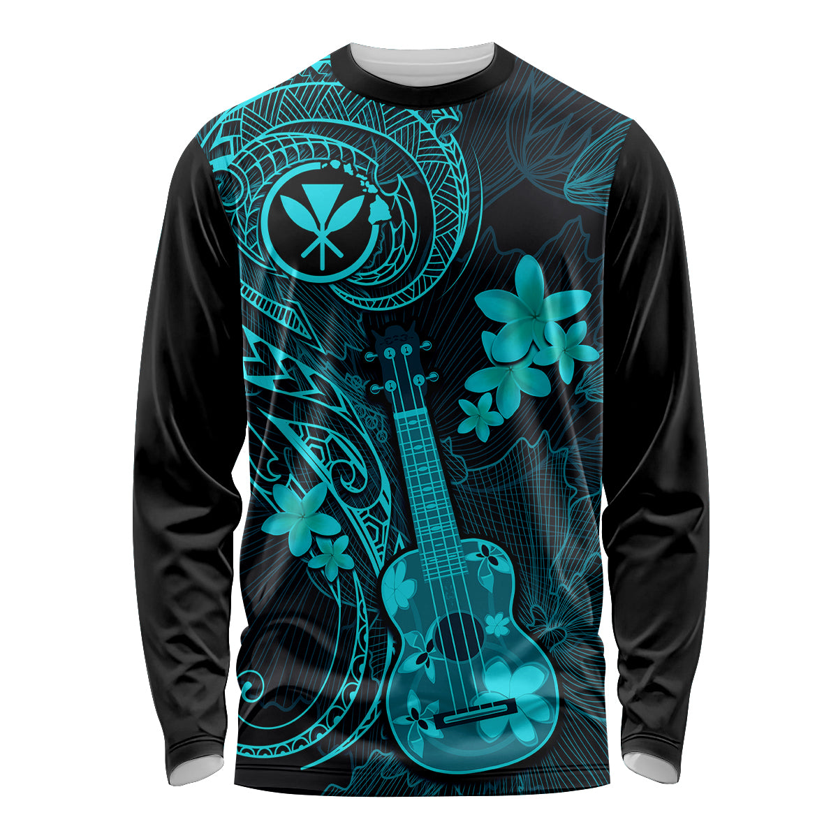 Hawaii Long Sleeve Shirt Ukulele Mix Polynesian Plumeria Turquoise Version LT14 Unisex Turquoise - Polynesian Pride