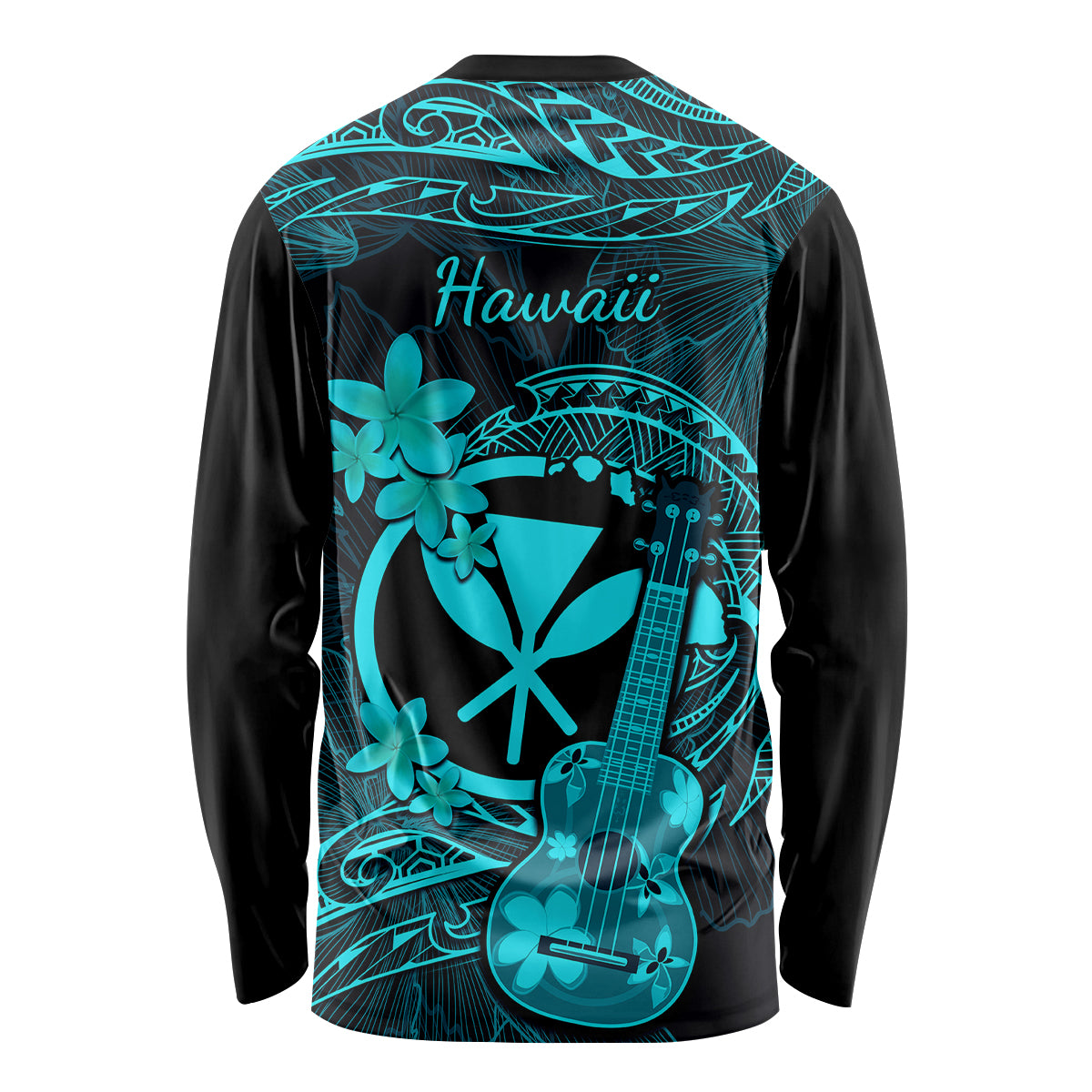 Hawaii Long Sleeve Shirt Ukulele Mix Polynesian Plumeria Turquoise Version LT14 - Polynesian Pride