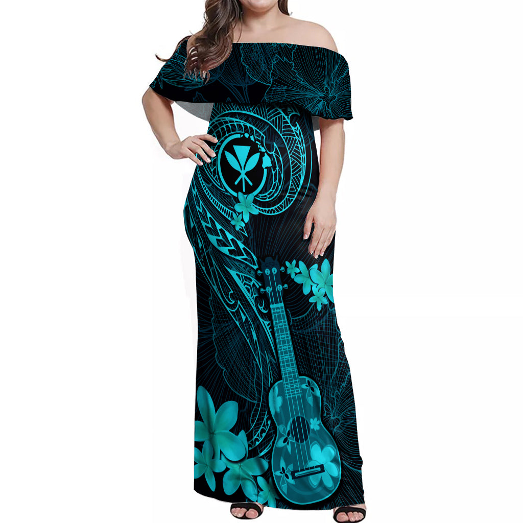 Hawaii Off Shoulder Maxi Dress Ukulele Mix Polynesian Plumeria Turquoise Version LT14 Women Turquoise - Polynesian Pride