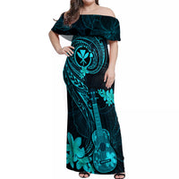 Hawaii Off Shoulder Maxi Dress Ukulele Mix Polynesian Plumeria Turquoise Version LT14 Women Turquoise - Polynesian Pride