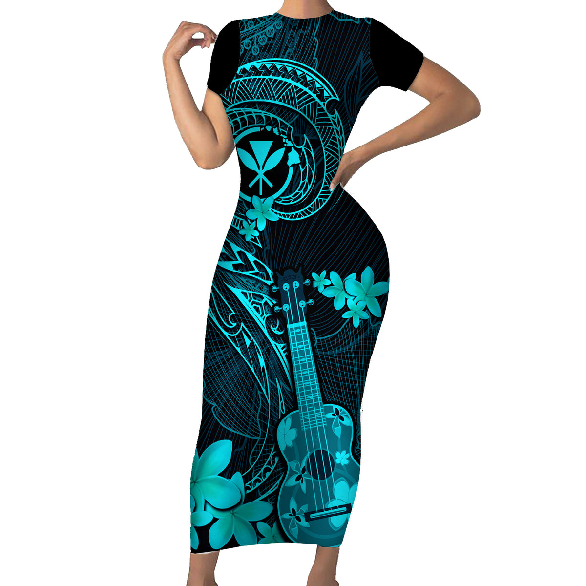 Hawaii Short Sleeve Bodycon Dress Ukulele Mix Polynesian Plumeria Turquoise Version LT14 Long Dress Turquoise - Polynesian Pride