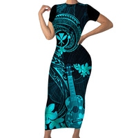 Hawaii Short Sleeve Bodycon Dress Ukulele Mix Polynesian Plumeria Turquoise Version LT14 Long Dress Turquoise - Polynesian Pride