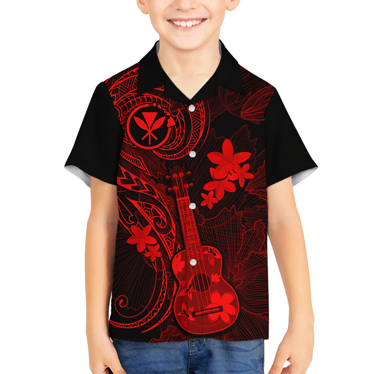 Hawaii Kid Hawaiian Shirt Ukulele Mix Polynesian Plumeria Red Version LT14 - Polynesian Pride