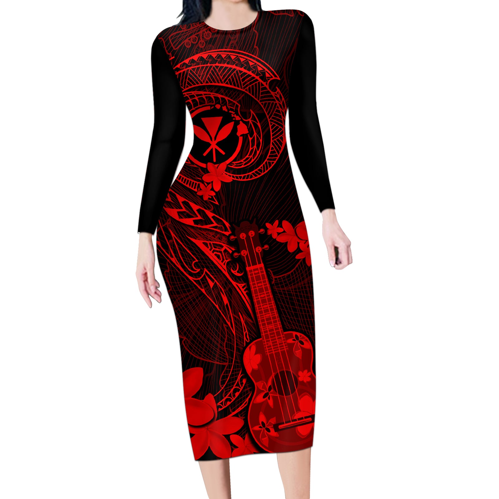 Hawaii Long Sleeve Bodycon Dress Ukulele Mix Polynesian Plumeria Red Version LT14 Long Dress Red - Polynesian Pride
