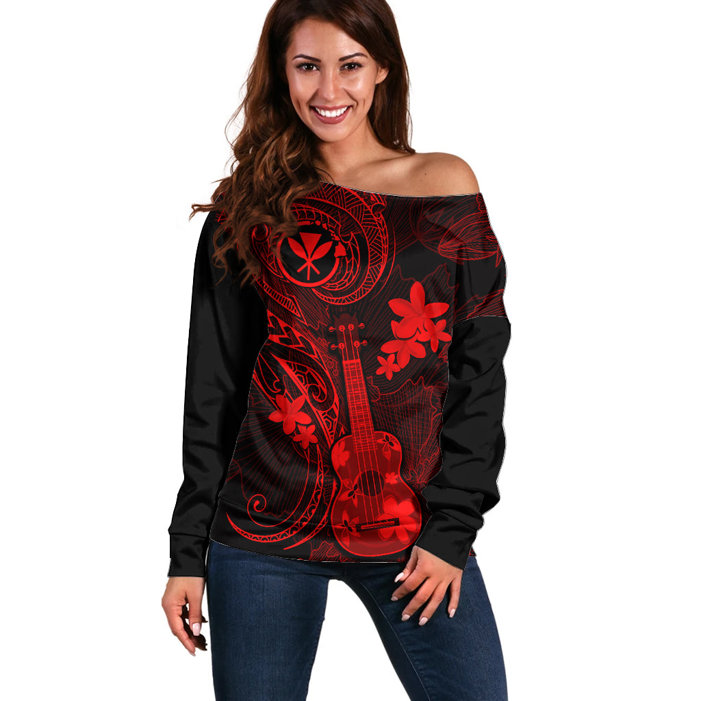 Hawaii Off Shoulder Sweater Ukulele Mix Polynesian Plumeria Red Version LT14 Women Red - Polynesian Pride