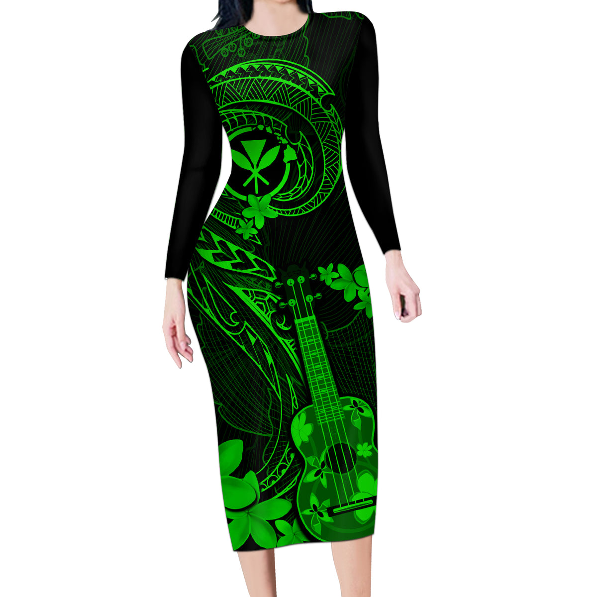 Hawaii Long Sleeve Bodycon Dress Ukulele Mix Polynesian Plumeria Green Version LT14 Long Dress Green - Polynesian Pride