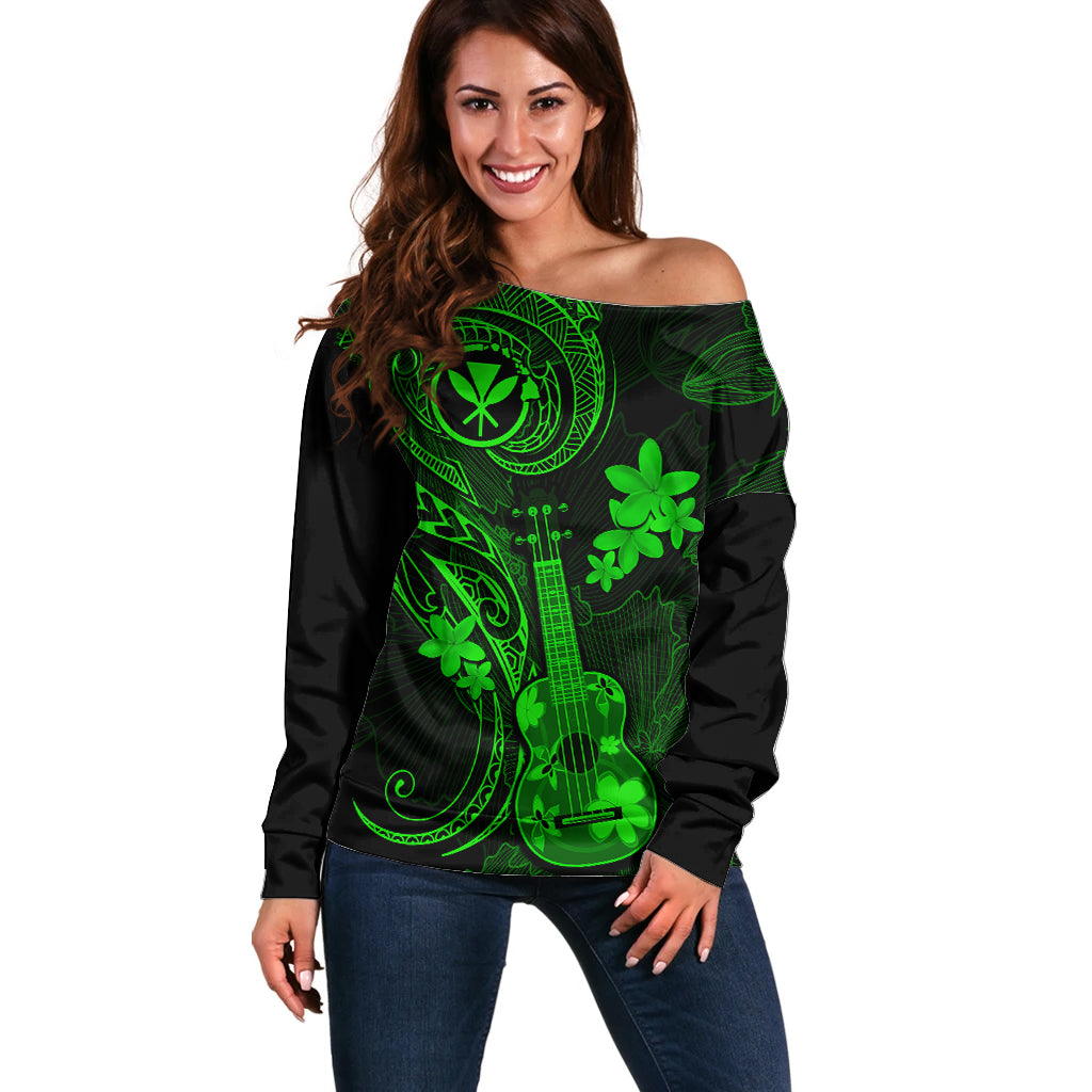 Hawaii Off Shoulder Sweater Ukulele Mix Polynesian Plumeria Green Version LT14 Women Green - Polynesian Pride