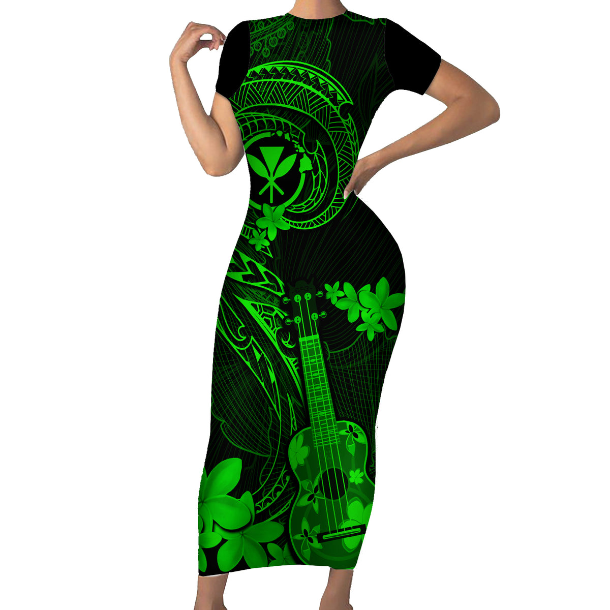 Hawaii Short Sleeve Bodycon Dress Ukulele Mix Polynesian Plumeria Green Version LT14 Long Dress Green - Polynesian Pride