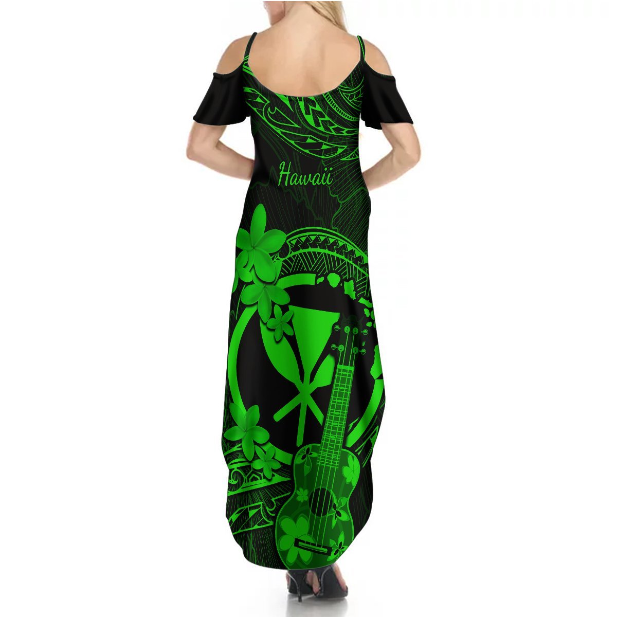 Hawaii Summer Maxi Dress Ukulele Mix Polynesian Plumeria Green Version LT14 - Polynesian Pride