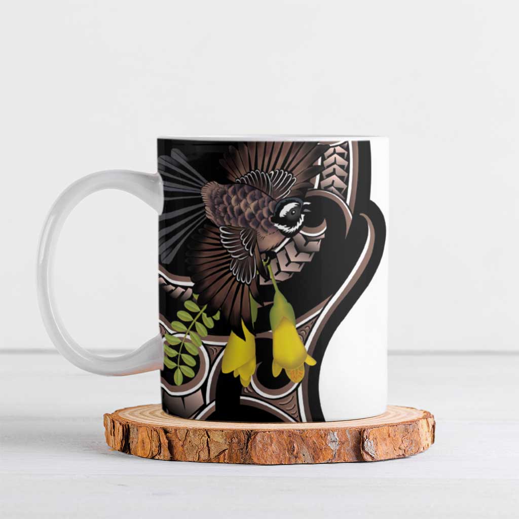 New Zealand Valentines Day Ceramic Mug Piwakawaka Lovers Maori Koru Tattoo LT14 Black - Polynesian Pride