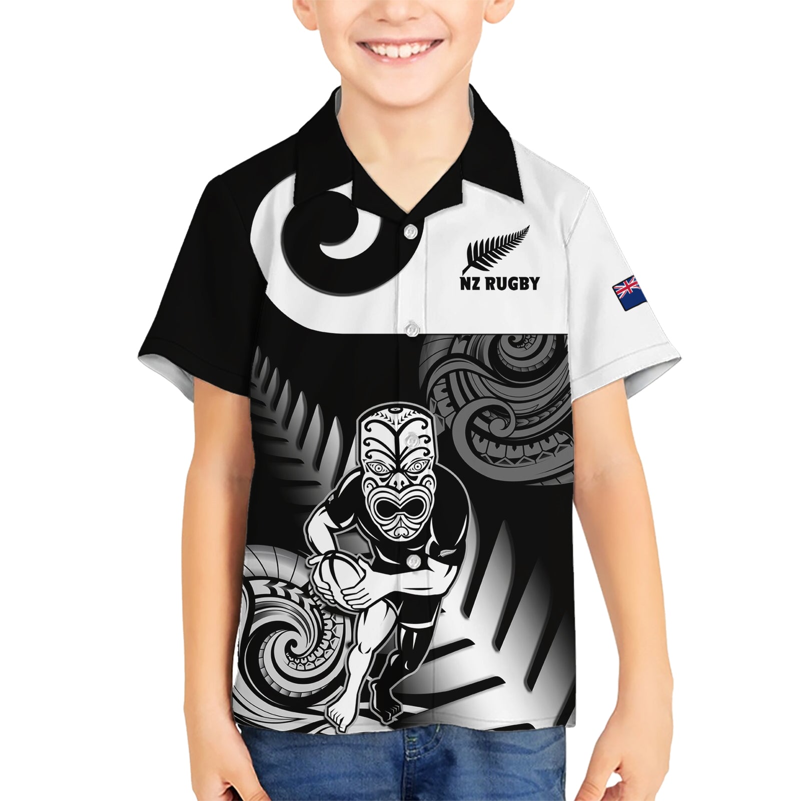 New Zealand Silver Fern Rugby Kid Hawaiian Shirt Go Champions NZ All Black Maori Koru LT14 Kid Black - Polynesian Pride