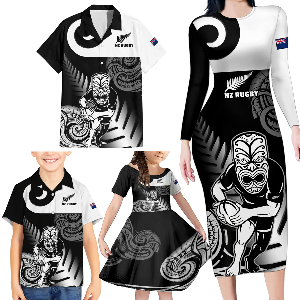 Custom New Zealand Silver Fern Rugby Family Matching Long Sleeve Bodycon Dress and Hawaiian Shirt Go Champions NZ All Black Maori Koru LT14 - Polynesian Pride