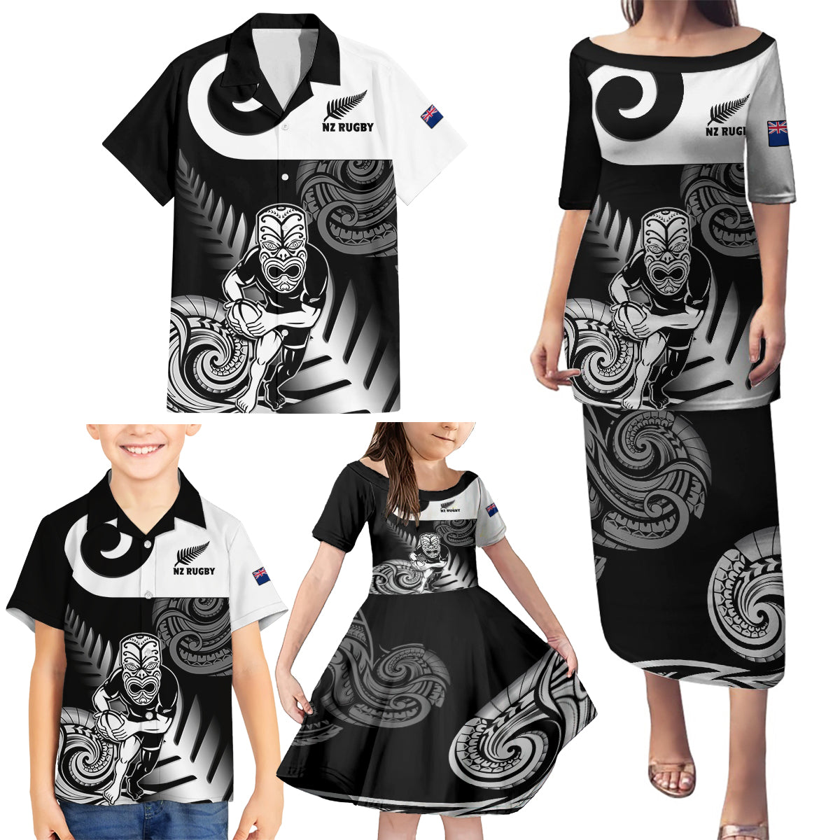 Custom New Zealand Silver Fern Rugby Family Matching Puletasi Dress and Hawaiian Shirt Go Champions NZ All Black Maori Koru LT14 - Polynesian Pride