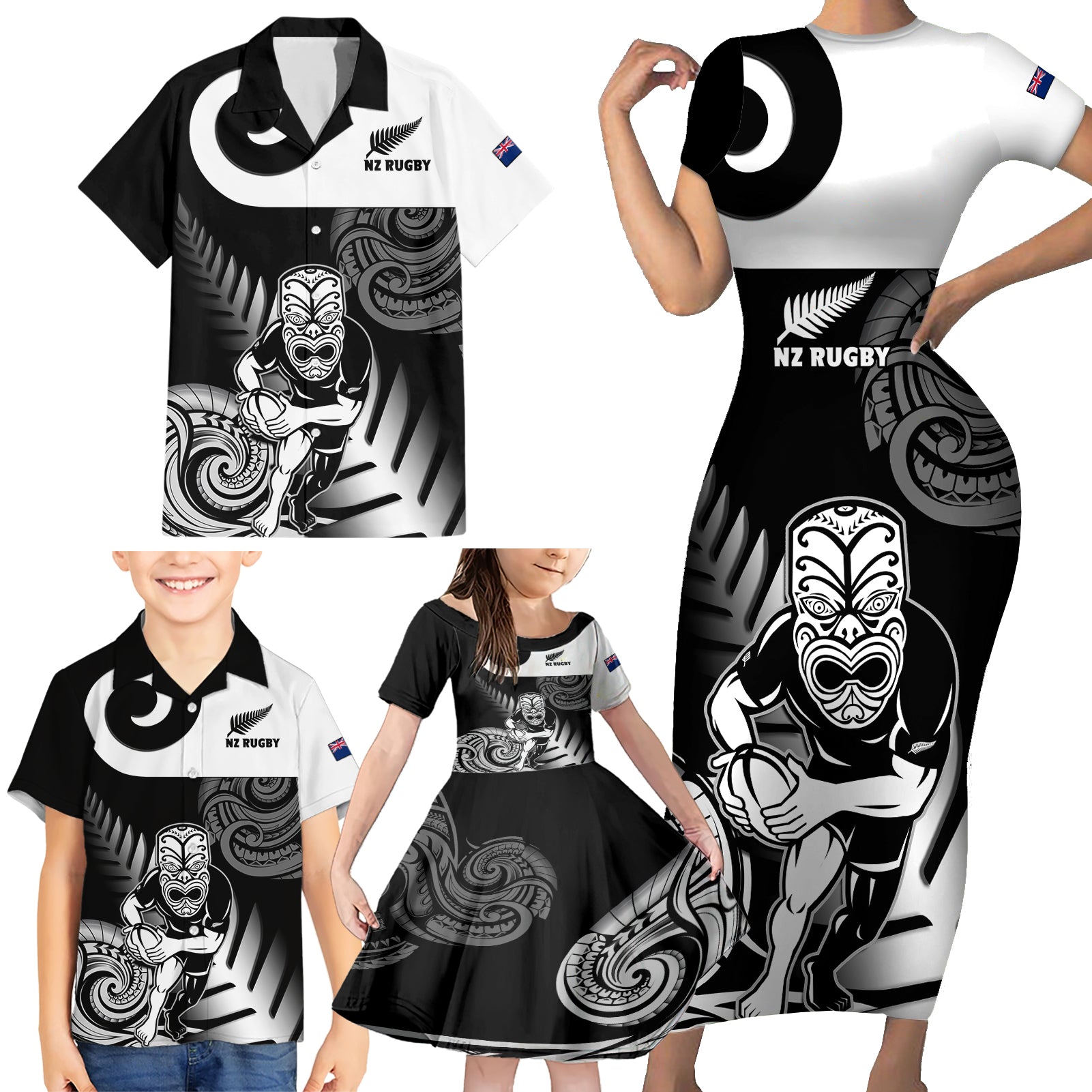 Custom New Zealand Silver Fern Rugby Family Matching Short Sleeve Bodycon Dress and Hawaiian Shirt Go Champions NZ All Black Maori Koru LT14 - Polynesian Pride