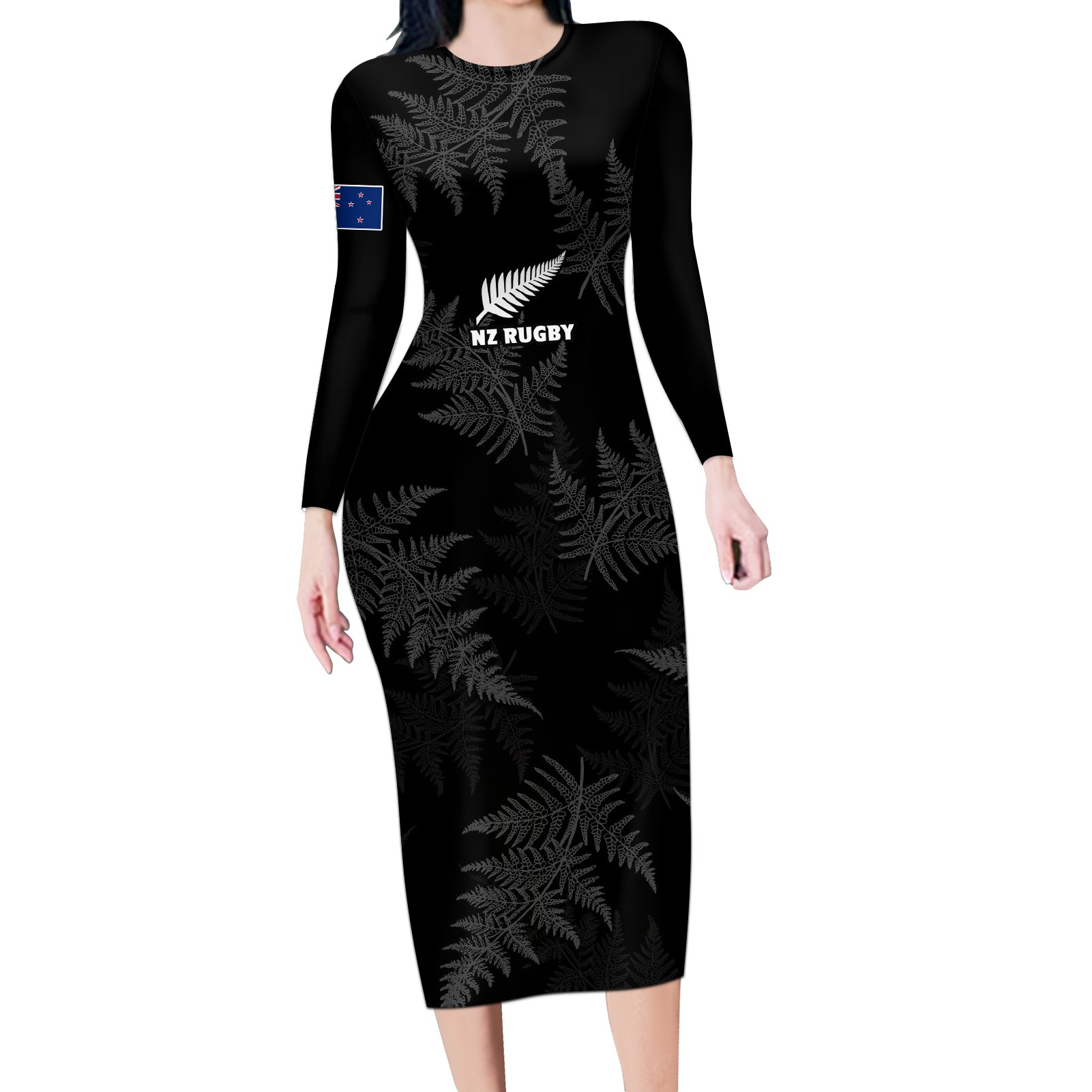 New Zealand Silver Fern Rugby Long Sleeve Bodycon Dress 2023 Go Aotearoa Champions World Cup LT14 Long Dress Black - Polynesian Pride