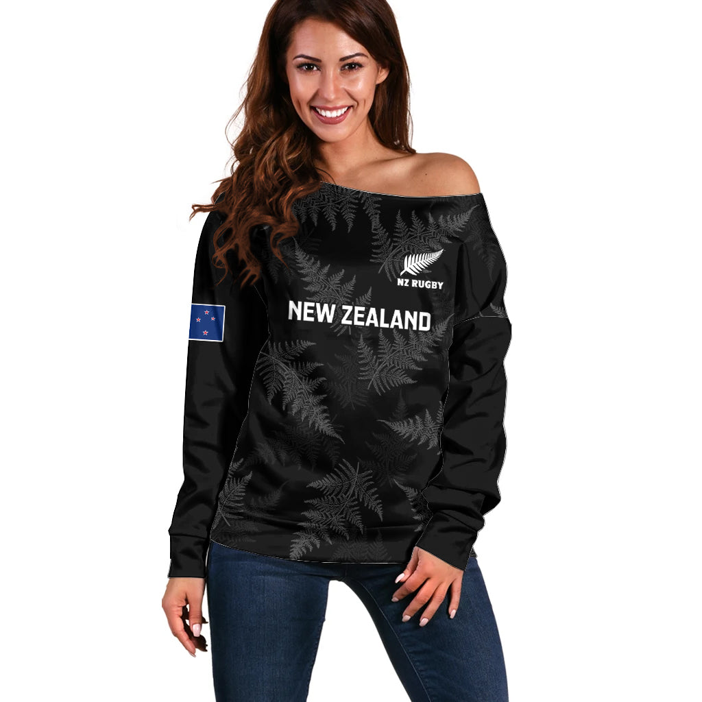 New Zealand Silver Fern Rugby Off Shoulder Sweater 2023 Go Aotearoa Champions World Cup LT14 Women Black - Polynesian Pride