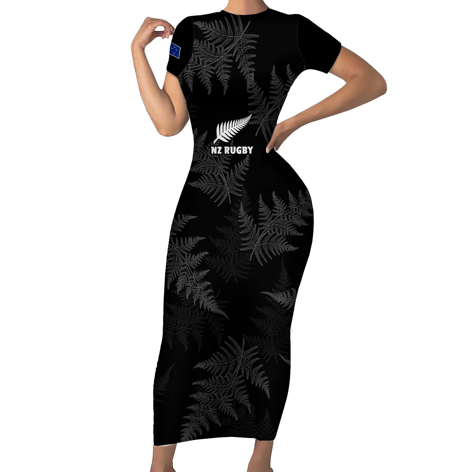 New Zealand Silver Fern Rugby Short Sleeve Bodycon Dress 2023 Go Aotearoa Champions World Cup LT14 Long Dress Black - Polynesian Pride